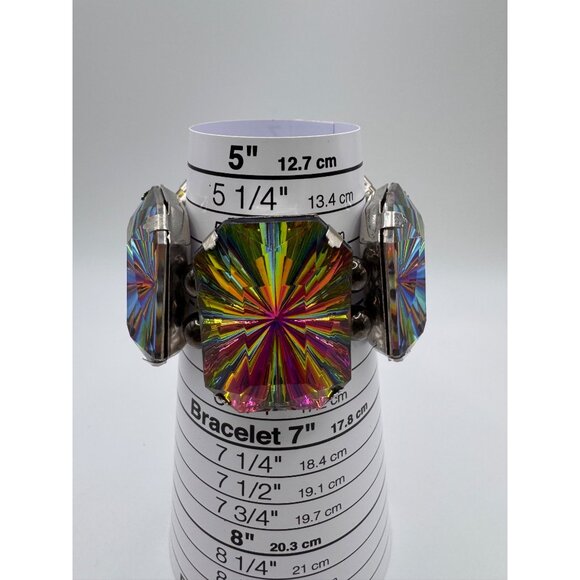 Chunky Rainbow Vitriol Glass Stretch Bracelet - Rectangular Panels - Silver Tone - Picture 8 of 10